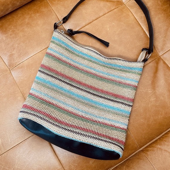 Wicker bag shoulder - multicoloured stripes - lined - Picture 3 of 6